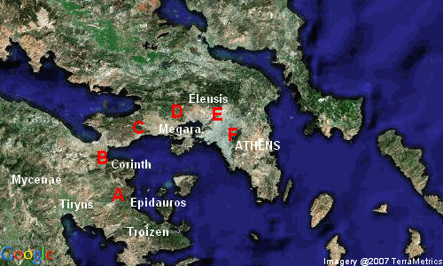 Map of the journey of Theseus to Athens